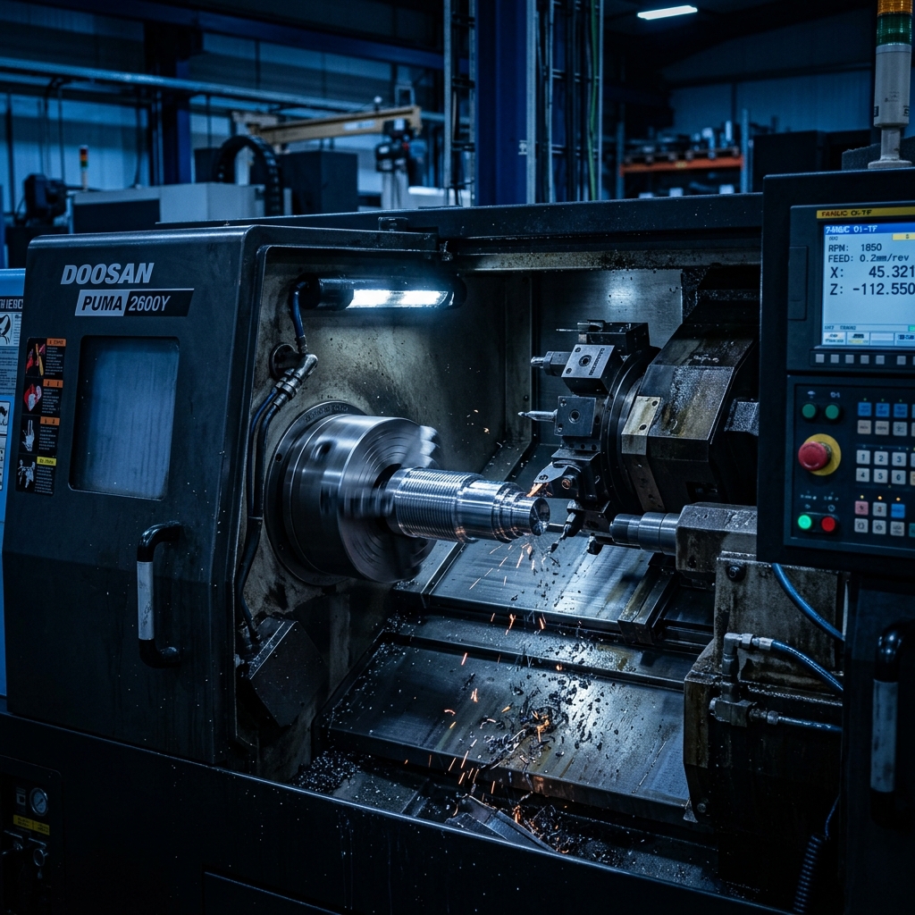 Torno CNC em operação com iluminação azul